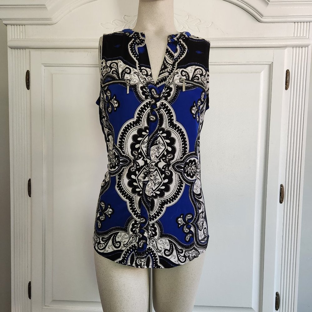 INC International Concepts Sleeveless Top, Black, White and Blue, Size MP